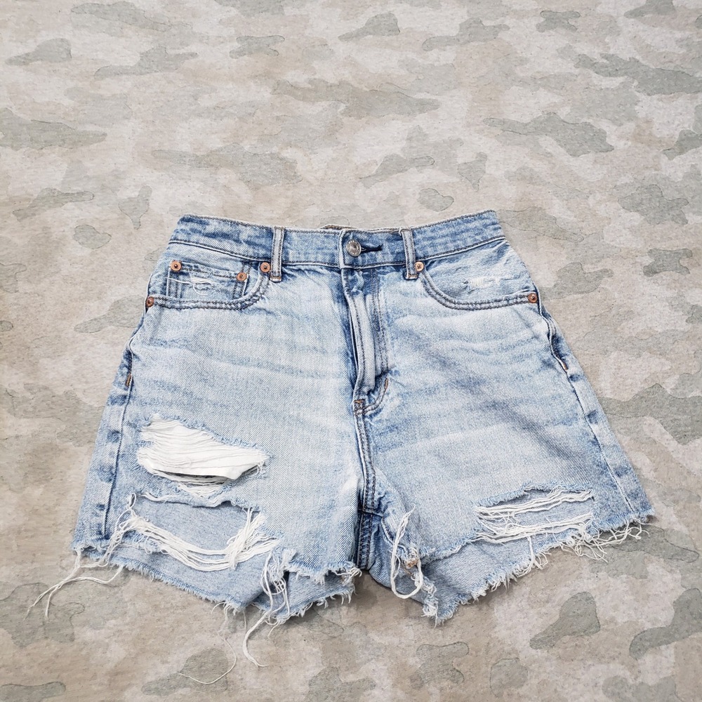 American Eagle Shorts Women 0 Blue Distressed High Rise Pockets Denim Light Wash